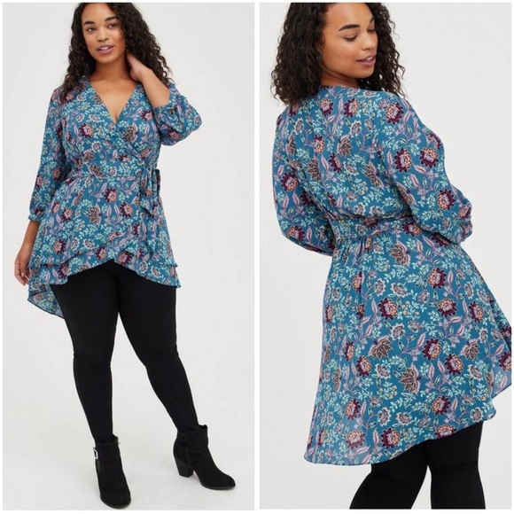 Torrid Floral Blue Georgette Wrap Tunic Blouse Size 0 - Picture 1 of 16